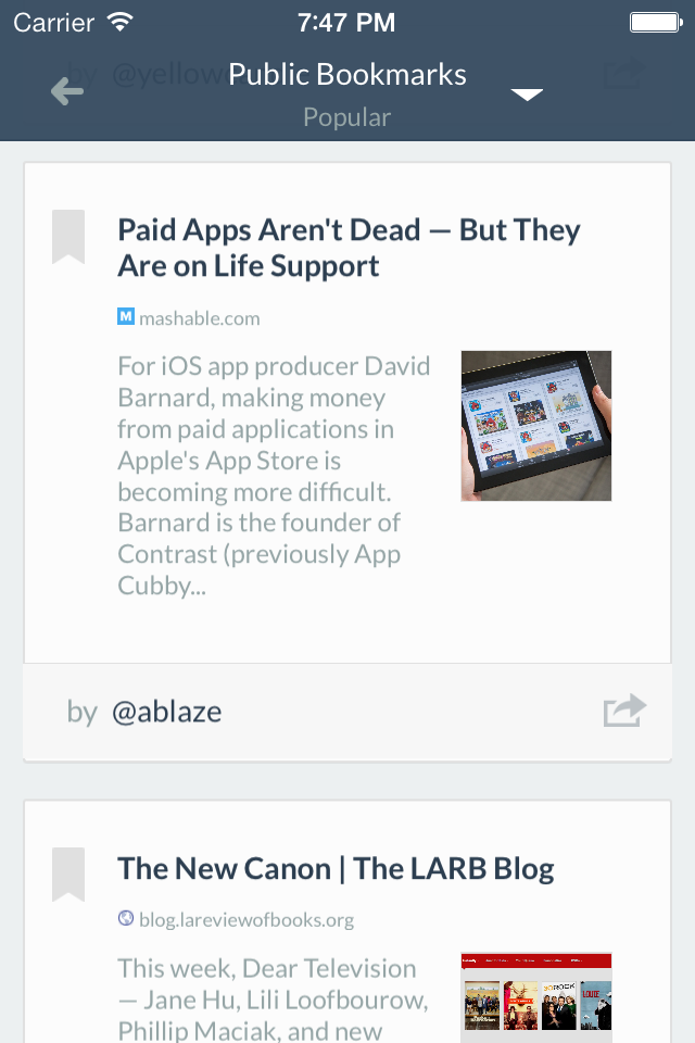 Pincase app interface showing popular public bookmarks on an iPhone.