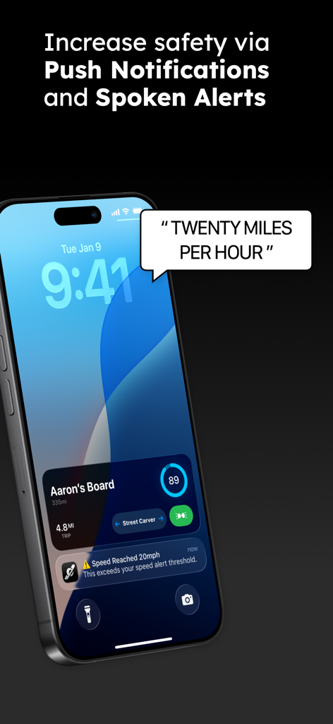 Nosedive - Pantalla de bloqueo de iPhone que muestra una notificación de alerta de velocidad y una alerta de voz de la aplicación Nosedive.