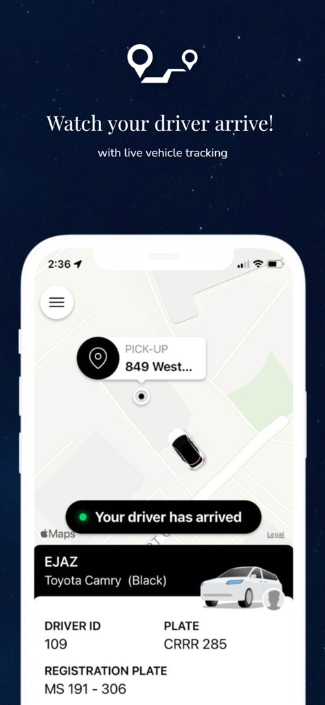 Aeroport Taxi & Limo Service - Aeroport Taxi app interface showing live vehicle tracking and driver arrival details