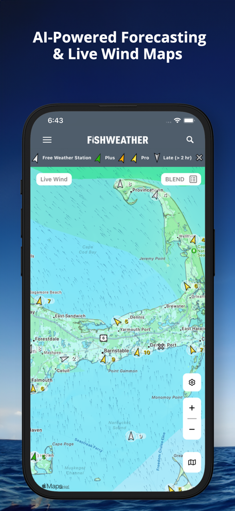 FishWeather: Marine Forecasts - FishWeatherアプリのインターフェースに、海洋エリアの風向と風速データを示すライブ風マップが表示されている
