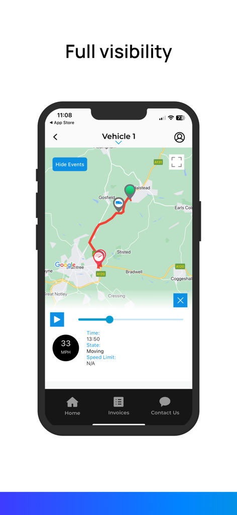 Radius Velocity - Radius Velocity Mobile App-Oberfläche, die die Echtzeit-Fahrzeugortung und Routenverfolgung auf einer Karte für das Flottenmanagement anzeigt.