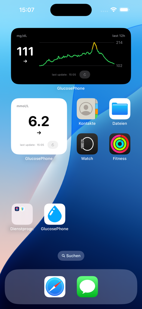 GlucosePhone - iPhone home screen with GlucosePhone widgets displaying glucose levels and trend charts