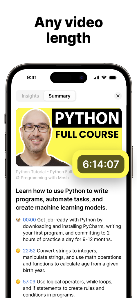 Eightify app interface summarizing a six hour long Python tutorial video with timestamps and key points
