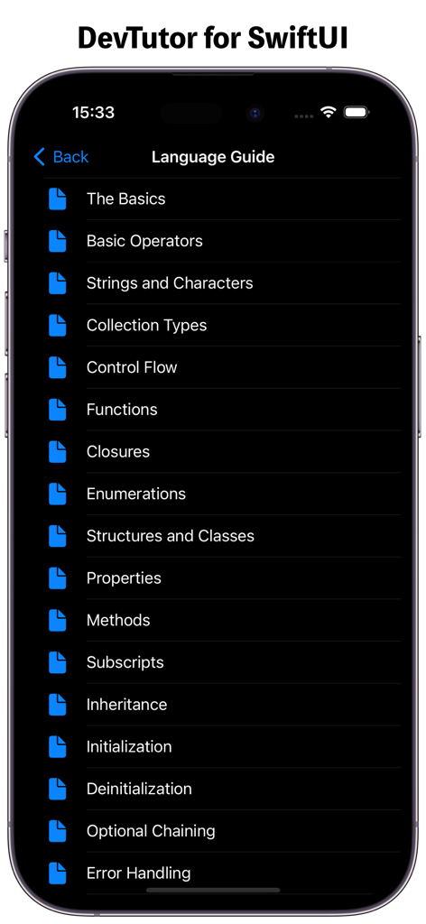 DevTutor: Learn Swift, SwiftUl - Interface of the DevTutor app showing a list of Swift programming language guide topics like basic operators and functions