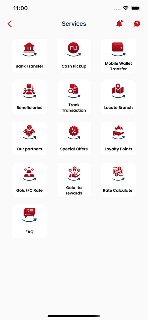 Gulf Exchange App - The services menu of the Gulf Exchange App showing options for bank transfers gold rates and cash pickups