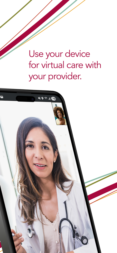 A smartphone screen showing a virtual care video visit between a doctor and a patient on the UCHealth app