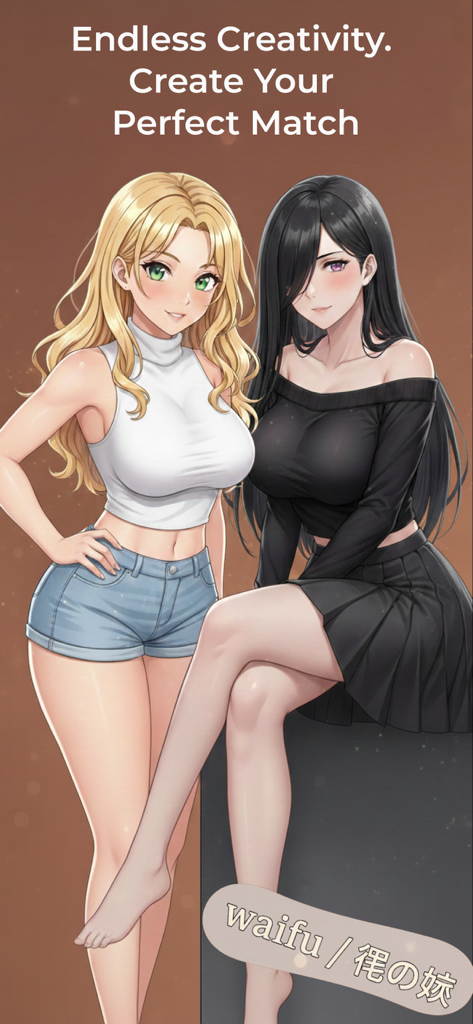 Two beautiful anime girls representing customizable characters in the AI girlfriend simulator app.