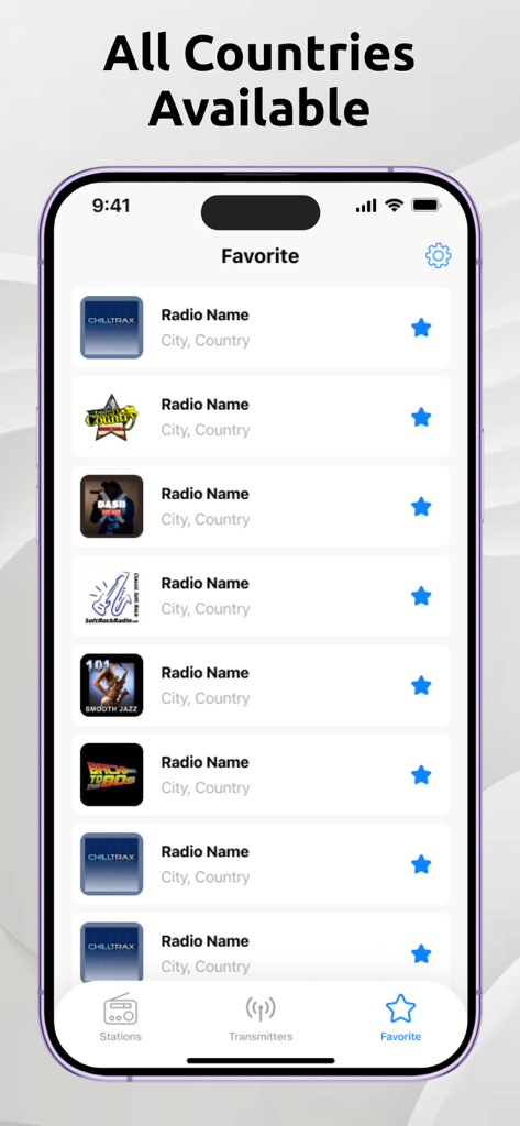 Radio App - FM Transmitter - Interfaccia dell'App Radio - Trasmettitore FM che mostra un elenco di stazioni radio preferite da vari paesi