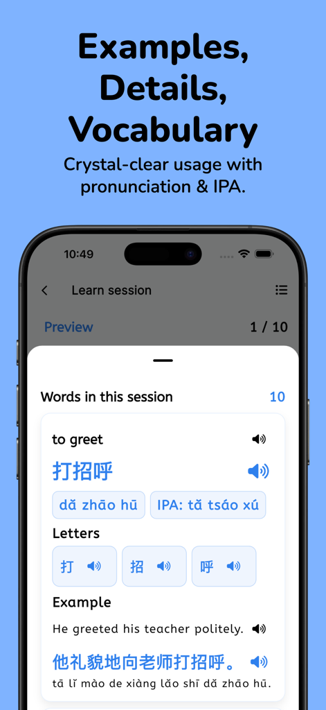 Learn Chinese: For Beginners - Interface of Learn Chinese app showing vocabulary with pinyin pronunciation and example sentences