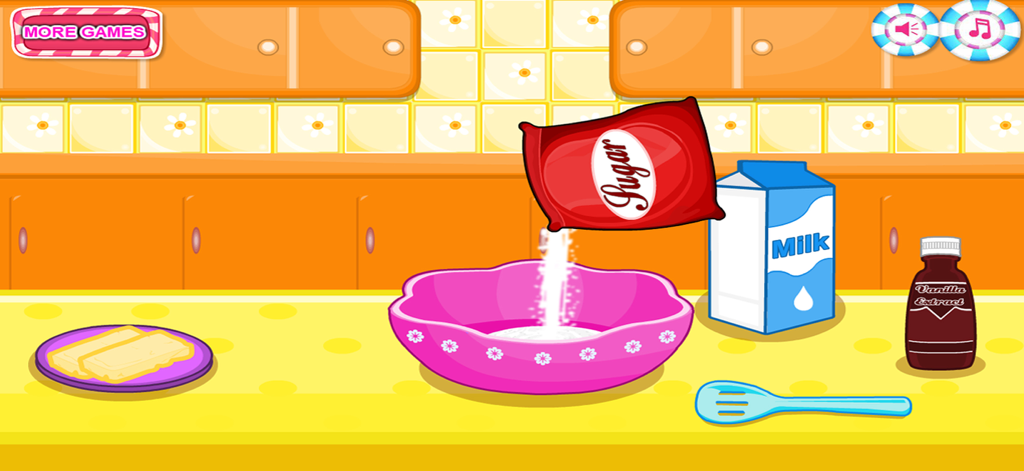 Cakes Maker : Cooking Desserts - Cartoon kitchen scene of sugar being poured into a pink bowl with milk and butter nearby