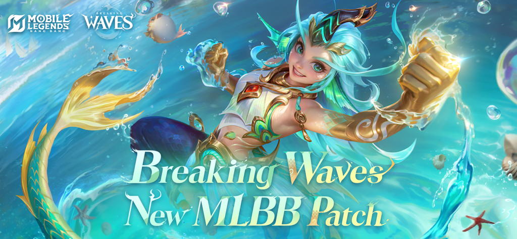 Promotional artwork for Mobile Legends Bang Bang Breaking Waves patch featuring a mermaid hero underwater