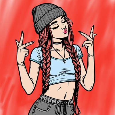 realistic teenage girl with braids and a beanie and crop top doing 🫶🏼