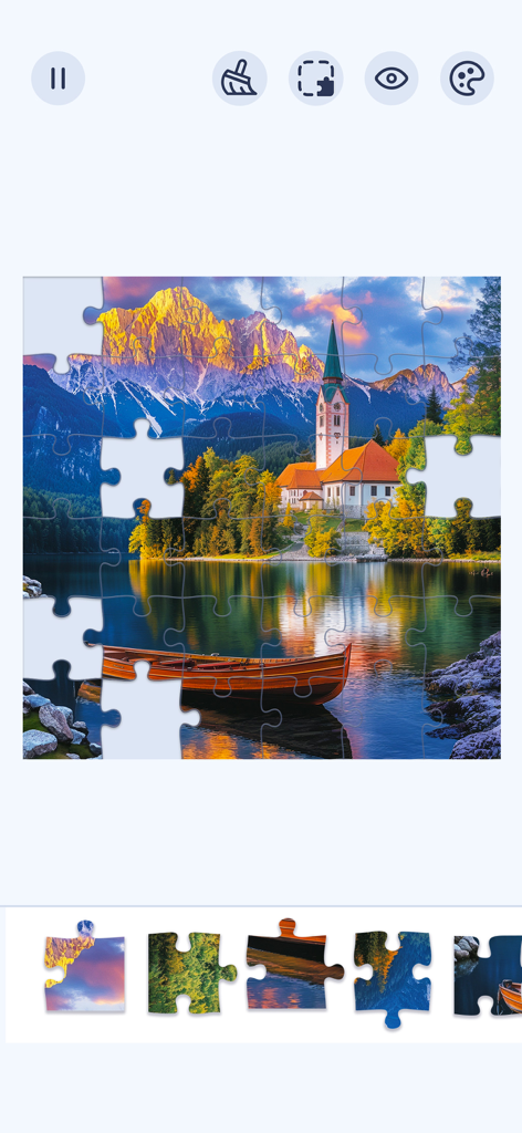 Jigsawgram: Jigsaw Puzzle - A landscape jigsaw puzzle of a church by a lake being assembled in the Jigsawgram app interface