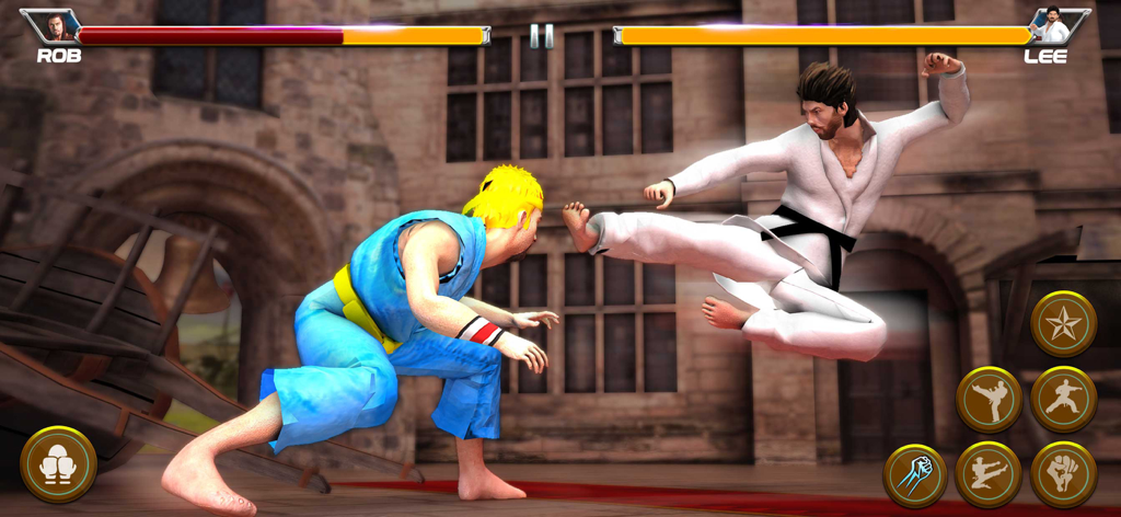 Karate Kings Fight 26 - Un luchador de karate con un gi blanco realiza una patada voladora contra un oponente con un gi azul durante un combate.