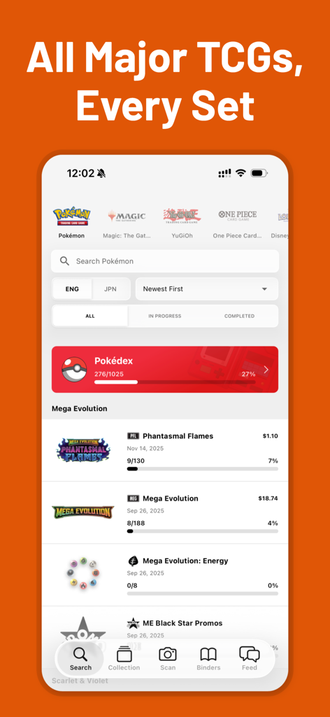 TCG Card Scanner - Pulio - Mobile interface of the Pulio app displaying various trading card game sets and collection progress tracking