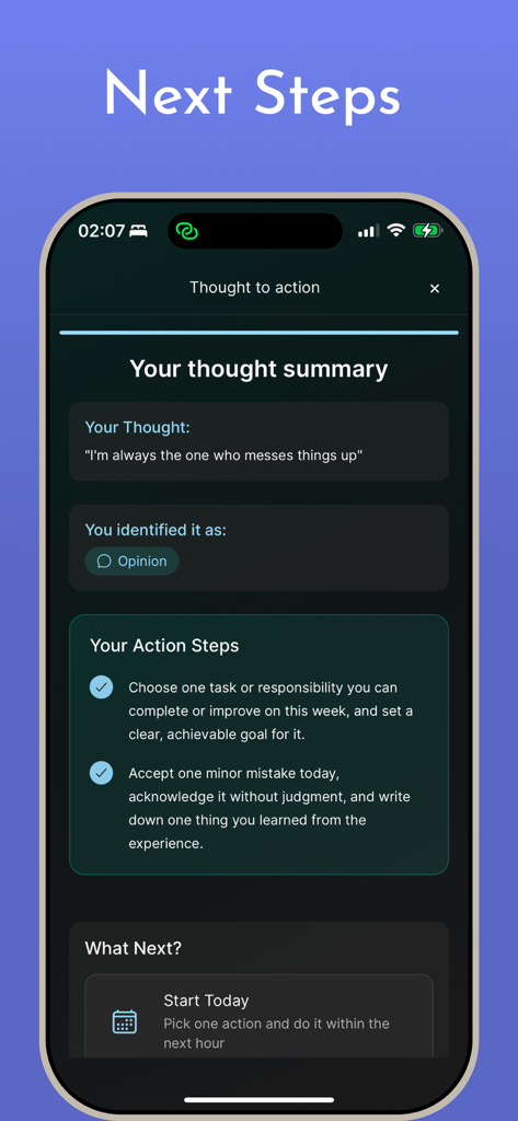 CBT for Beginners - CBT for Beginners app screen showing a thought summary and personalized action steps for mental health