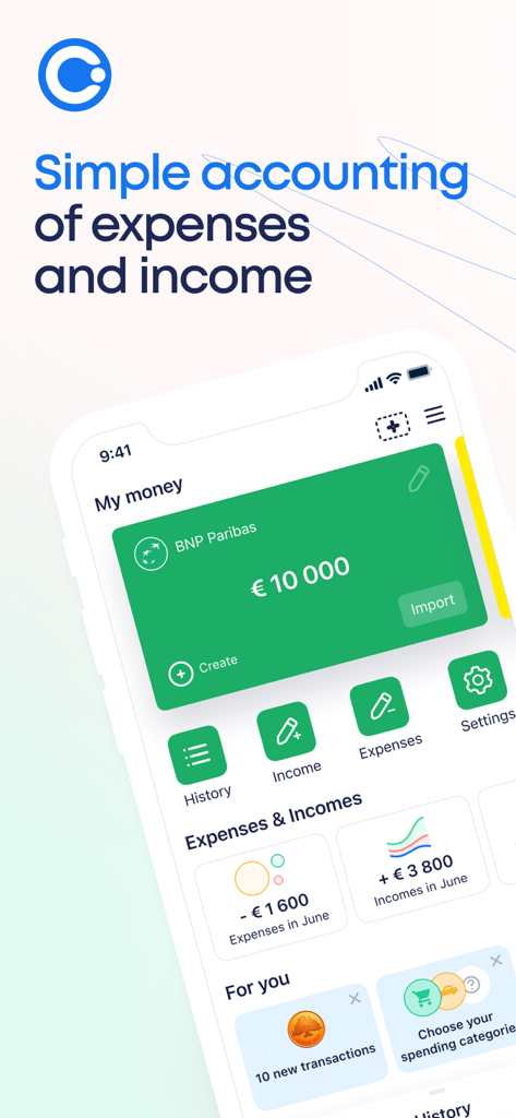 CoinKeeper 3 - money manager - CoinKeeper 3アプリのインターフェース。銀行口座残高と月間支出概要が表示されています。