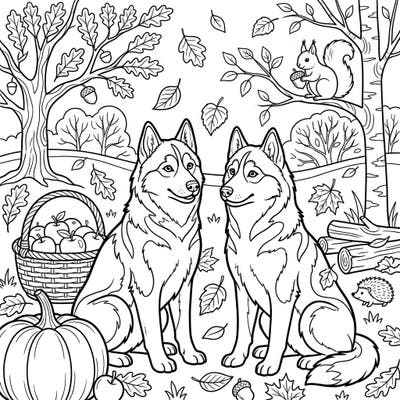 Immerse yourself in the beauty of fall with this charming coloring page featuring two magnificent Siberian Huskies. Surrounded by classic autumn elements like pumpkins, apples, and falling leaves, it's a perfect blend of natural beauty and seasonal cheer.