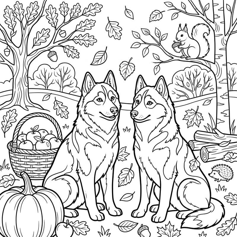 Immerse yourself in the beauty of fall with this charming coloring page featuring two magnificent Siberian Huskies. Surrounded by classic autumn elements like pumpkins, apples, and falling leaves, it's a perfect blend of natural beauty and seasonal cheer.