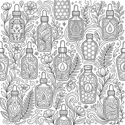 Immerse yourself in a world of botanical elegance with this sophisticated adult coloring page featuring beautifully illustrated facial oil bottles. Perfect for those seeking a relaxing and intricately detailed artistic escape.