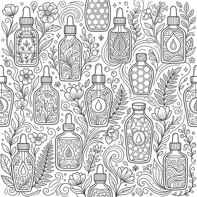 Immerse yourself in a world of botanical elegance with this sophisticated adult coloring page featuring beautifully illustrated facial oil bottles. Perfect for those seeking a relaxing and intricately detailed artistic escape.