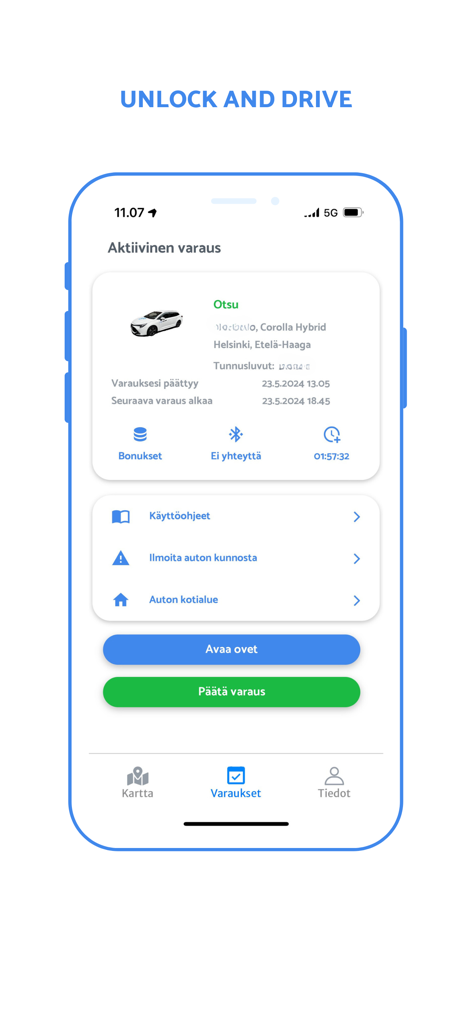 Omago Car Sharing & Rental - Omago app interface showing an active car booking with vehicle details and a button to unlock doors