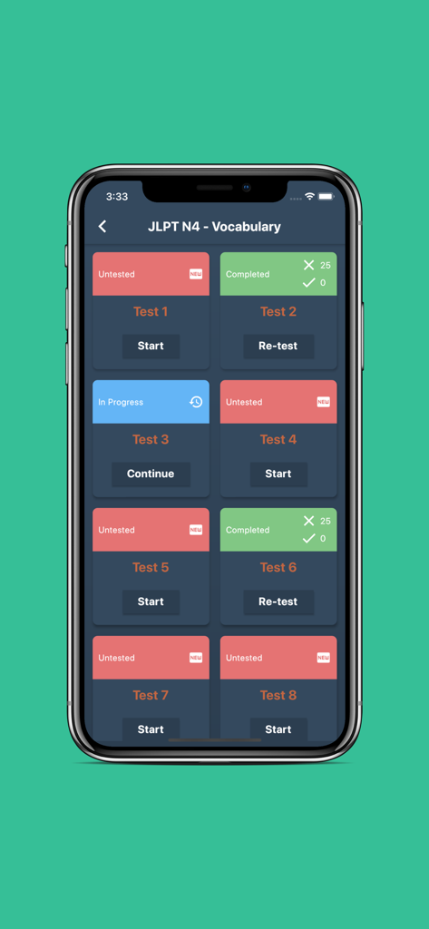 JLPT Test with AI Sensei - Una pantalla que muestra el progreso de las pruebas de práctica de vocabulario JLPT N4 con estados como no probado, en progreso y completado