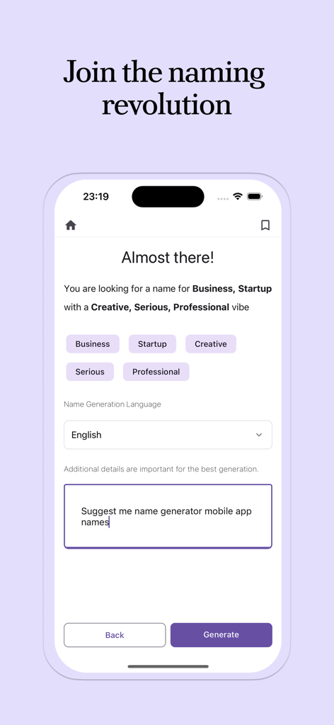 Name Generator: For Anything - Pantalla de la aplicación generadora de nombres de IA para elegir preferencias de nombres de negocios y startups