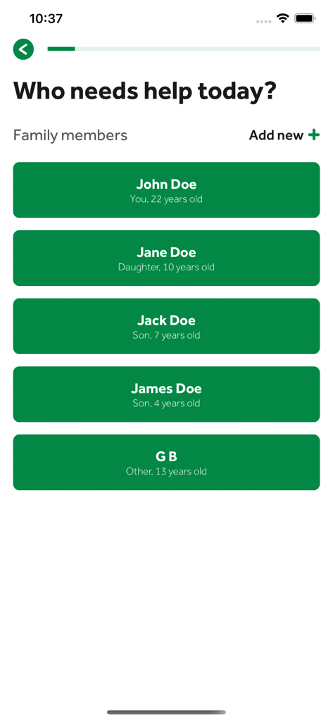 Health365 - Health365 app screen showing a list of family member profiles to select for a medical consultation.