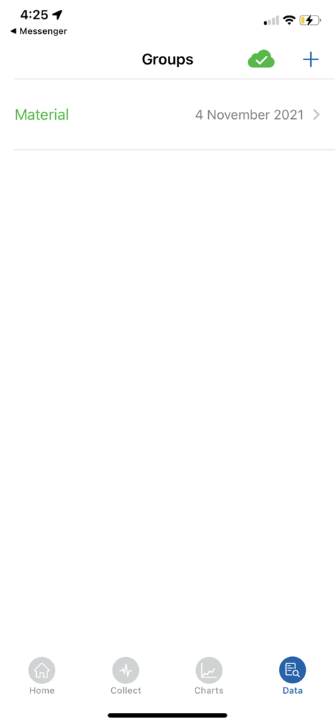 NeoSpectra Collect App - NeoSpectra Collect App Datengruppen-Bildschirm, der organisierte Materialordner und Erfassungsdaten anzeigt