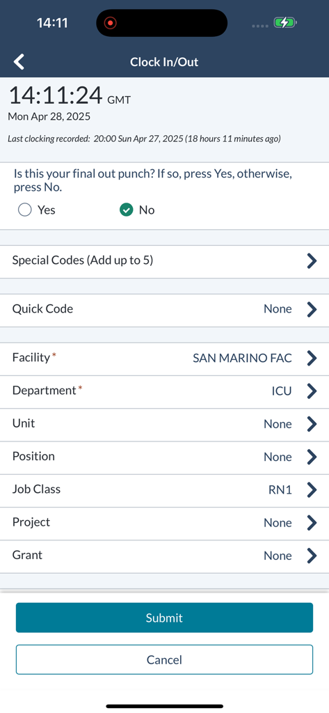 symplr Workforce - symplr Workforce app screen for clocking in and out of a healthcare shift