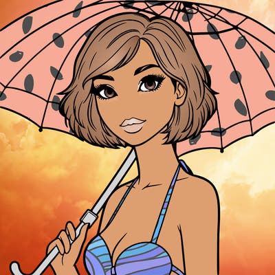 a realistic woman on the beach with very short hair, open eyes, under an umbrella and in bikini