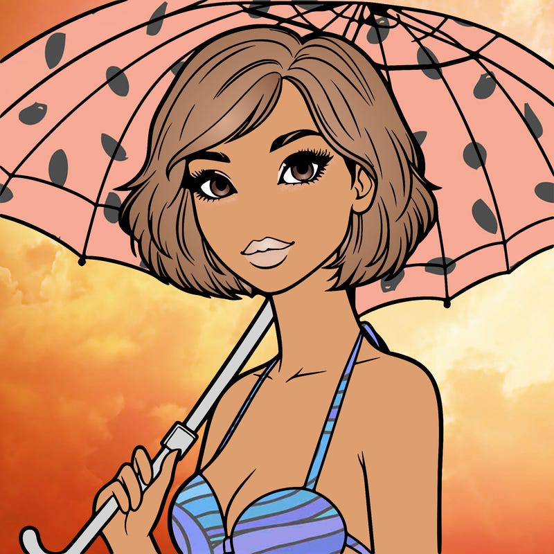 a realistic woman on the beach with very short hair, open eyes, under an umbrella and in bikini