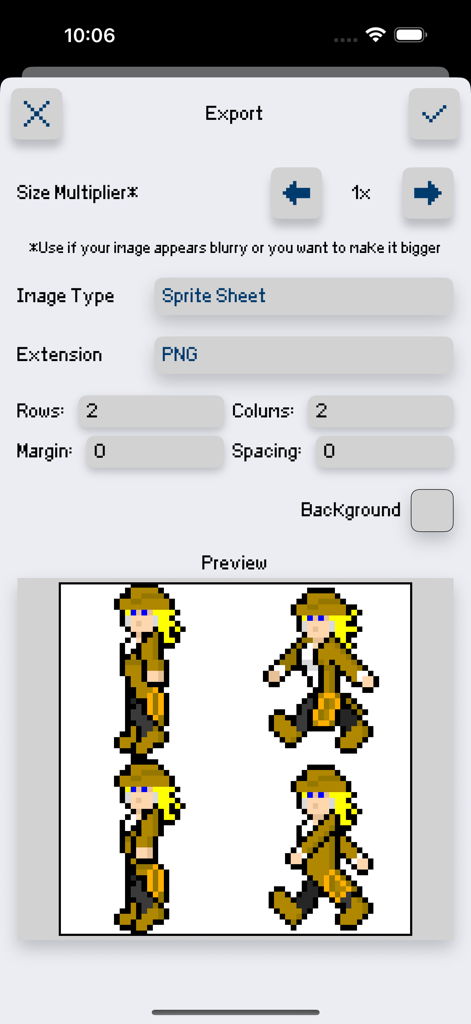 Export interface of the Sprite Creator app showing sprite sheet settings and a pixel art character preview