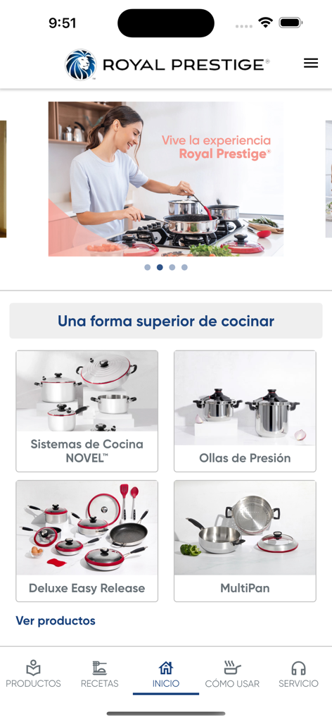 Royal Prestige app home screen displaying cookware product categories like Novel kitchen systems and pressure cookers.