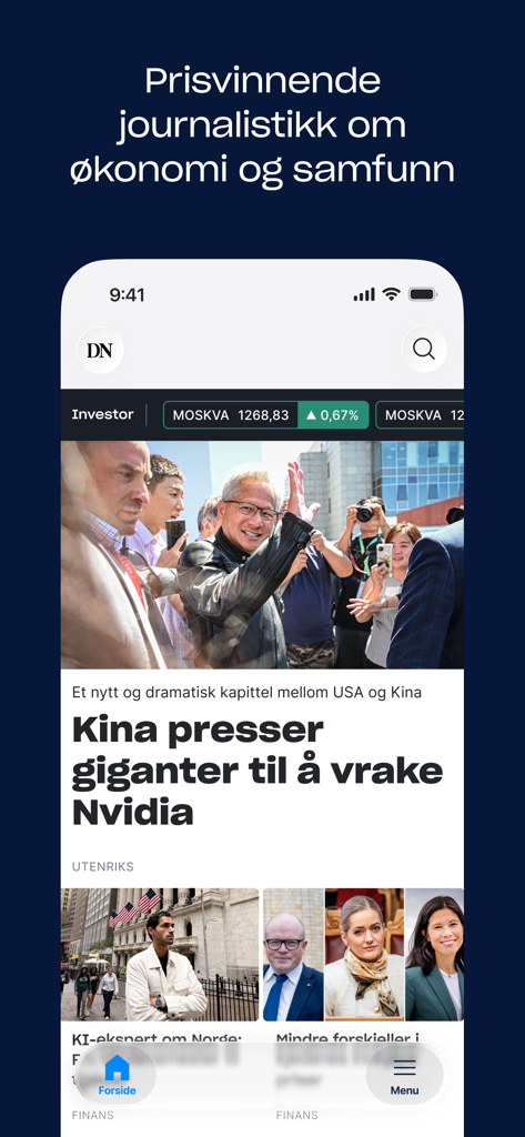 DN-Mobile-App-Oberfläche mit Business-Nachrichten-Schlagzeilen und einem Finanzmarkt-Ticker