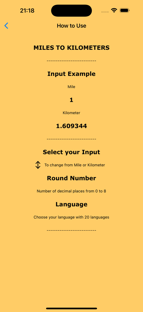Istruzioni su come usare l'app Miglia in Chilometri che mostrano esempi di conversione e opzioni linguistiche
