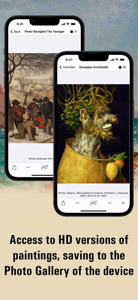 European painting HD - Two smartphones displaying high definition classical paintings from the European painting HD app gallery