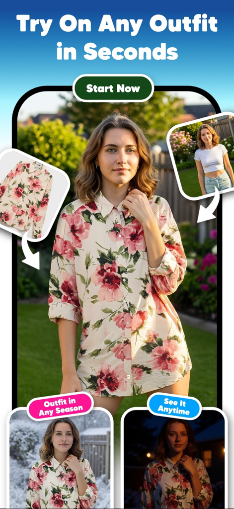Combyne & Ai Try On - WearUp! - AI virtual outfit try on feature showing a woman wearing a floral shirt in different seasonal scenes and lighting