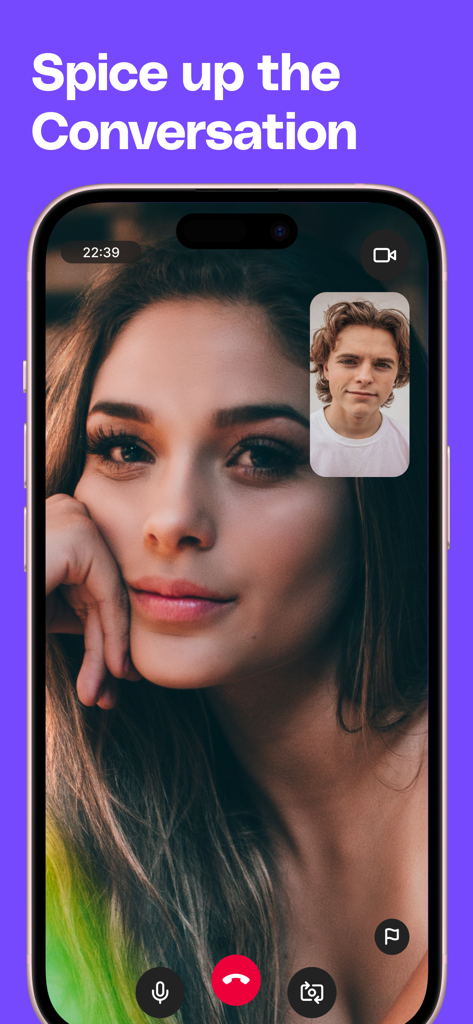 HUD™ Bedroom Dating App - Interfaz de chat de video de la aplicación de citas HUD que muestra a un hombre y una mujer en una videollamada.