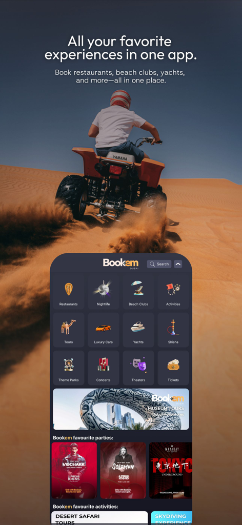 Bookem Dubai - Bookem Dubai app interface showcasing luxury booking categories and a desert quad bike experience