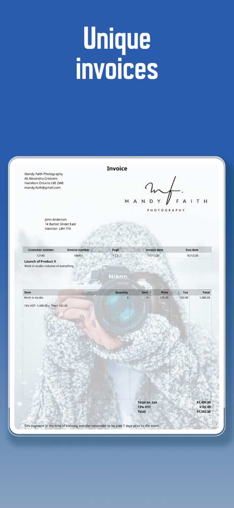 Una plantilla de factura profesional para un negocio de fotografía con una imagen de fondo personalizada y el logotipo de la empresa.