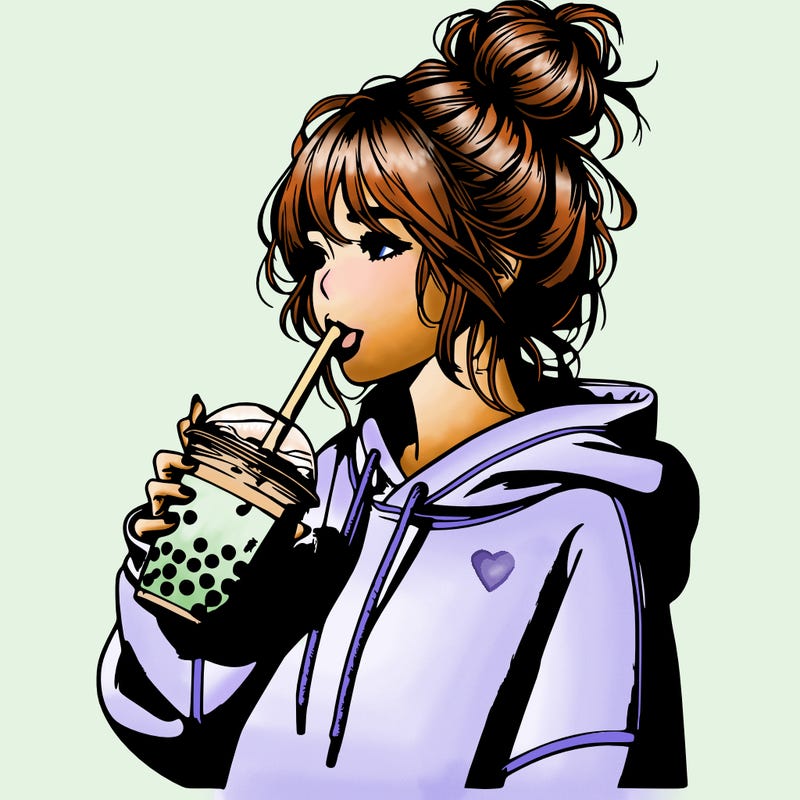 realistic girl wearing oversized hoodie in a messy hair bun drinking boba tea