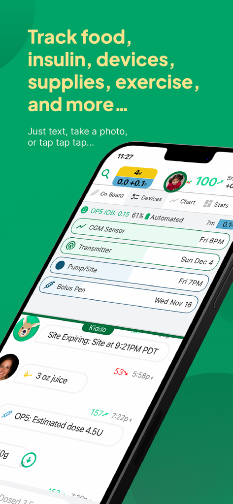 Gluroo Diabetes Logger - iPhone-Bildschirm mit der Gluroo App-Oberfläche mit Optionen zur Verfolgung von Nahrungsmitteln, Insulin und medizinischen Geräten für das Diabetesmanagement
