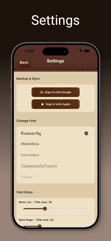 SkeuoNotes - 글꼴 선택 및 클라우드 백업 옵션이 있는 SkeuoNotes 앱 설정 화면