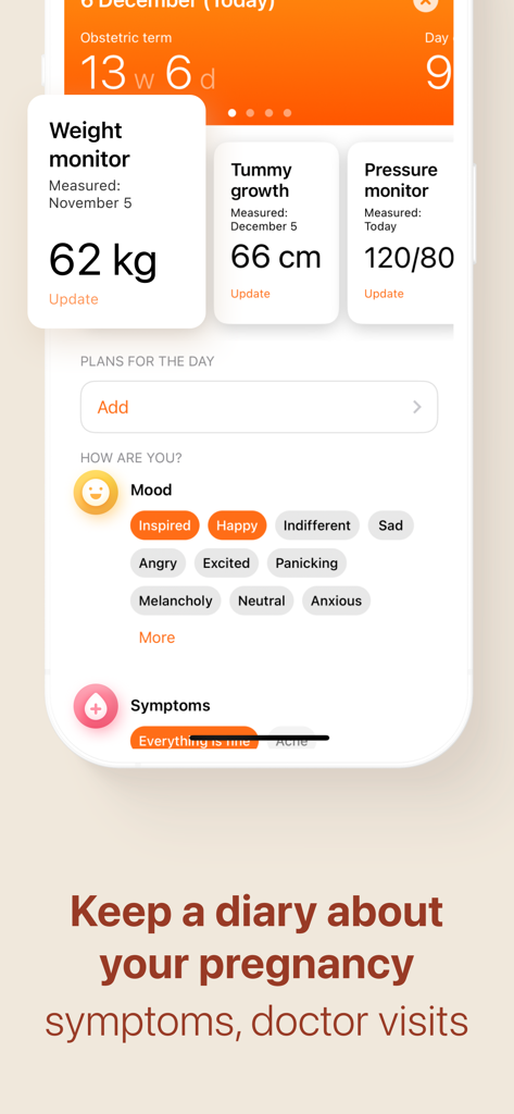 Pregnancy Tracker・App by Moms - Interface of the Pregnancy Tracker app showing health monitoring logs for weight, blood pressure, mood, and symptoms