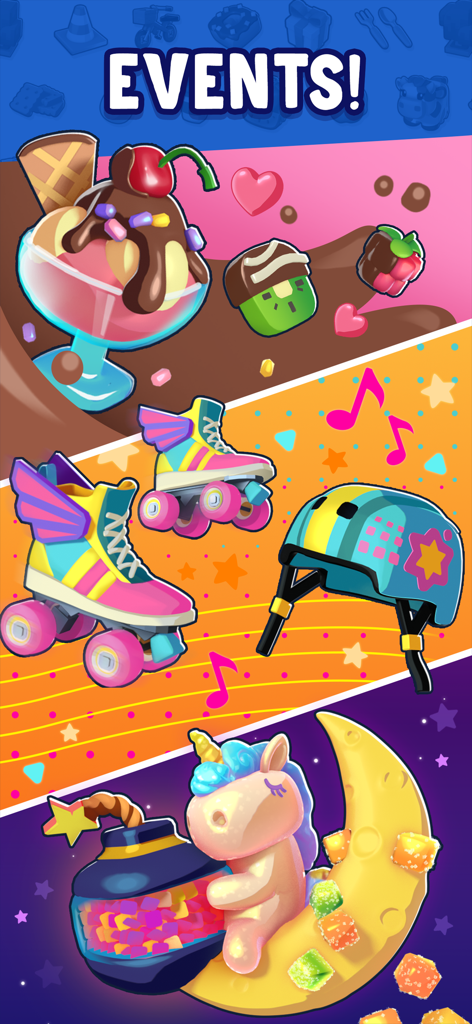 A promotional graphic for Merge Mayor showcasing various seasonal event items like sweets, roller skates, and a unicorn on a moon