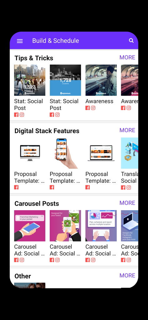 Digital Stack mobile app interface showing social media post templates and scheduling features for business owners.