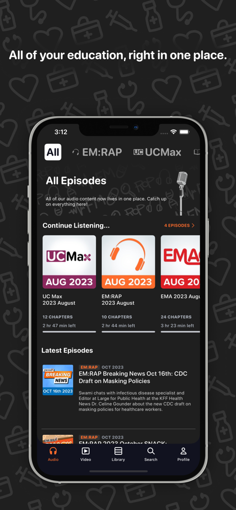Smartphone screen displaying the EM RAP medical education app with audio podcast episodes