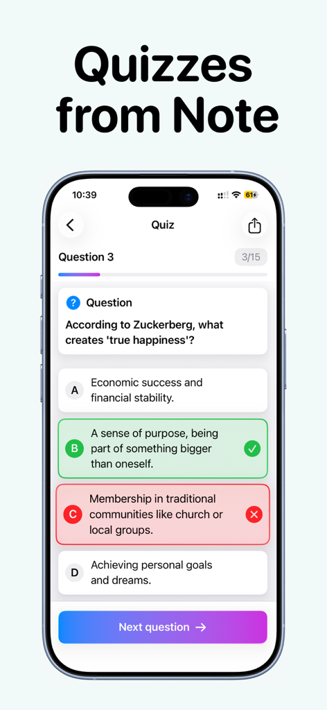 Noota - AI Note Taker - Interface of the Noota app showing a multiple choice quiz generated from a note with correct and incorrect answers highlighted